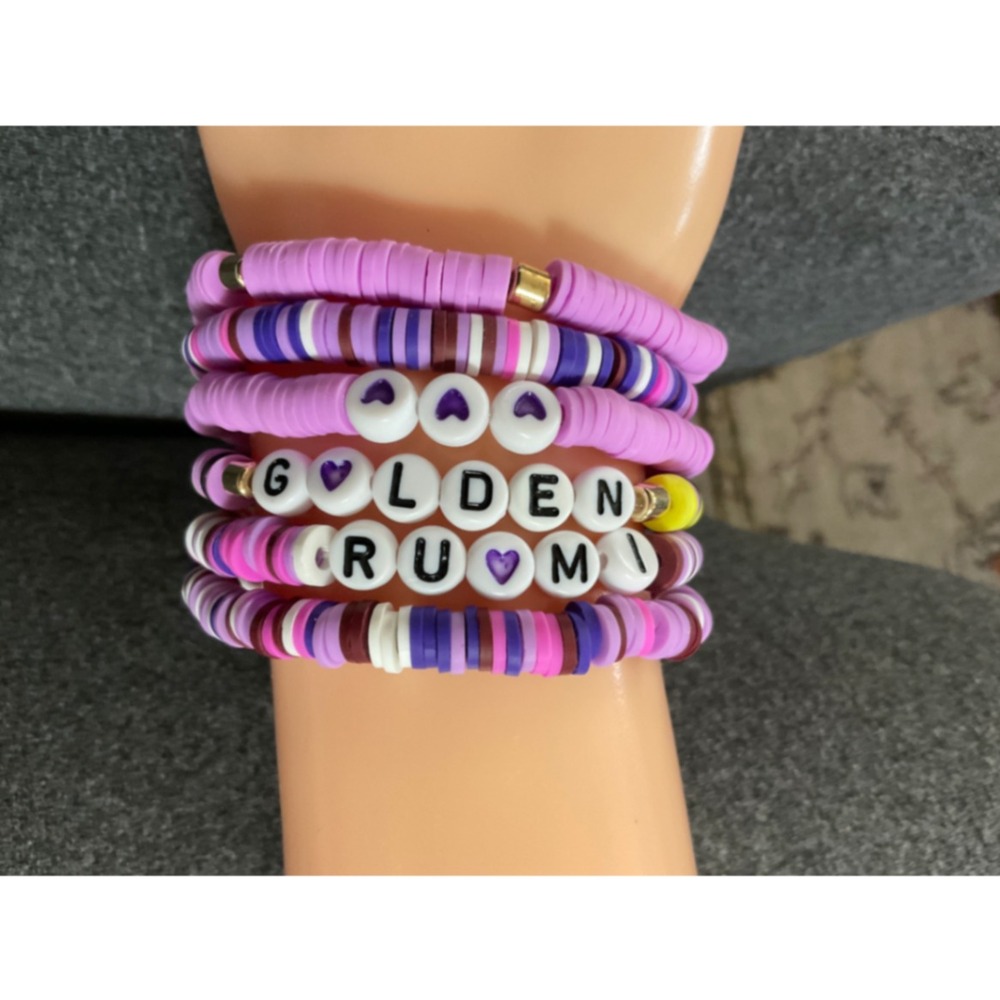 Handmade Heishi Bead Bracelet Stack Purple KPop Golden Rumi Heart Friendship Set
